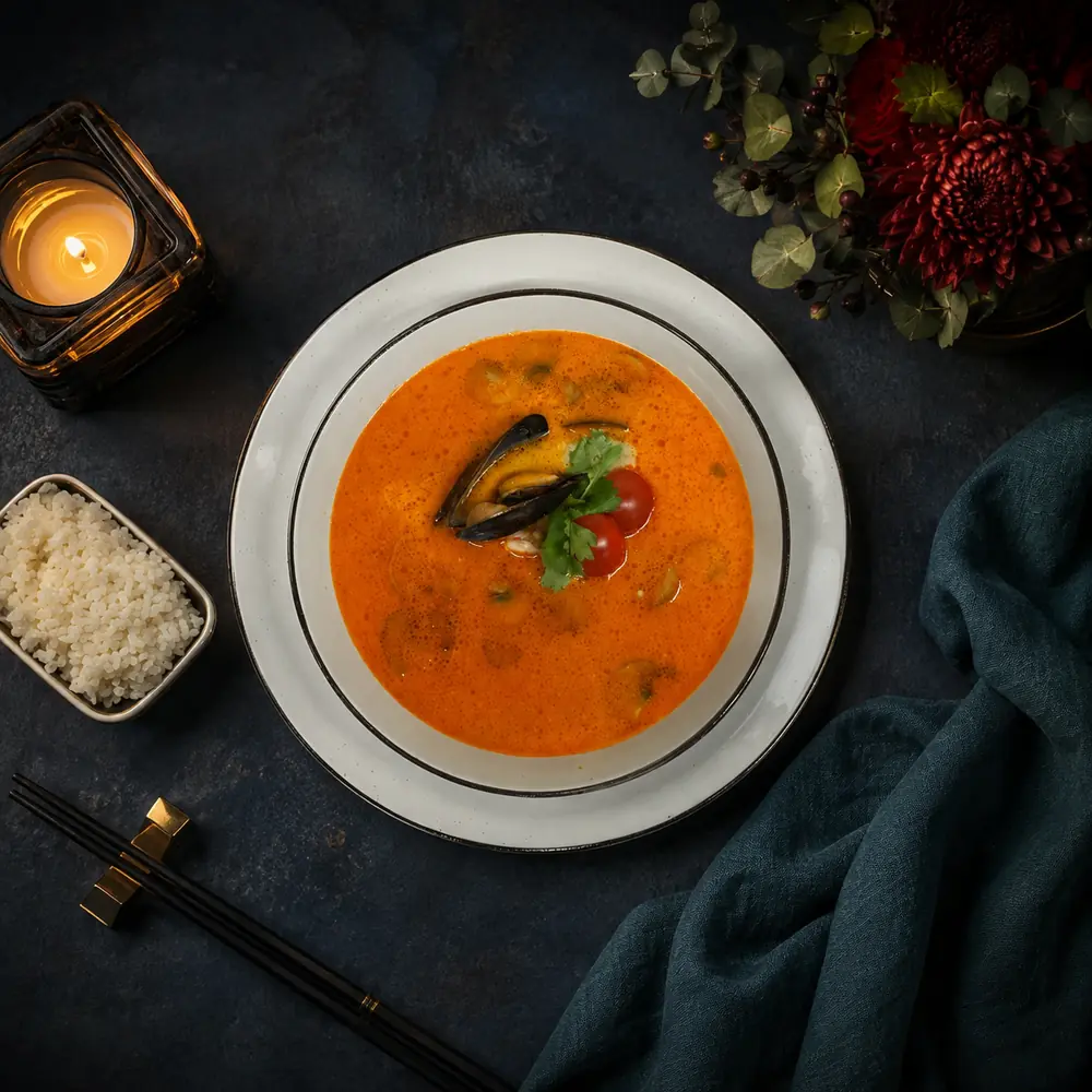 Том Ям з тигровими креветками, мідіями та рисом — Sushi UA