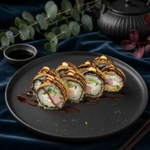 Темпура-рол з Куркою на чорній тарілці — SushiUA
